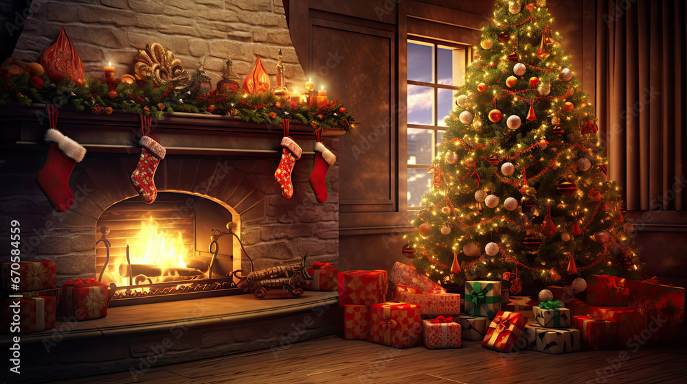 a christmas fireplace with presents and stockings. christmas concept. christmas living room scene a christmas fireplace with presents and stockings. christmas concept. christmas living room scene