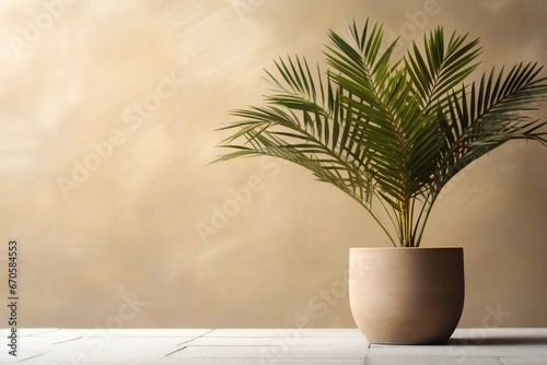 clean interior with stand and palm tree plant on empty beige wall background for text