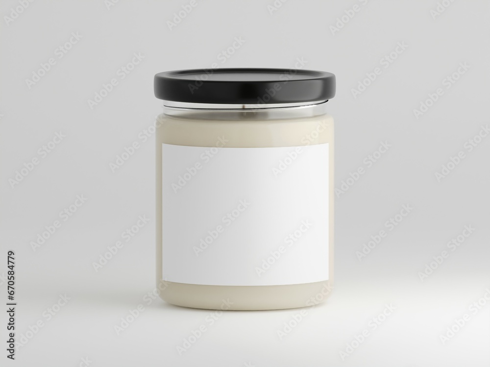 Minimalistic scented glass candle mockup with blank label for logo, text or design isolated on a plain white background as 3d rendering. Minimalistic scented glass candle mockup with blank label for logo, text or design isolated on a plain white background as 3d rendering.