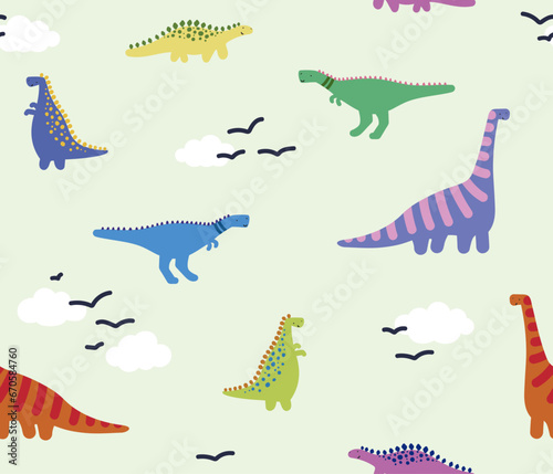 Seamless Vector Dinosaur with Clouds Pattern for Fabric  Wallpaper and Custom Artwork