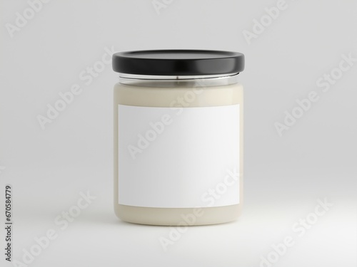 Minimalistic scented glass candle mockup with blank label for logo, text or design isolated on a plain white background as 3d rendering.