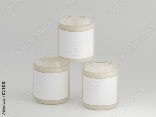 Three 9 oz scented soy candles mockup stacked in a pyramid  with blank label space for personalization on a white background. 3D Rendering.