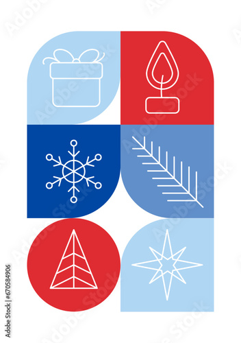 Trendy bauhaus pattern Christmas poster. Vector geometric winter shapes in blue and red colors. Simple abstract modern design elements. Fashion retro print for greeting card, web design