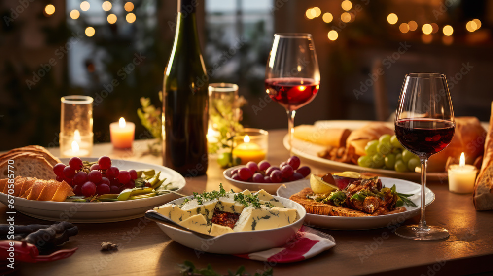 Christmas full table. Family holiday Christmas. A table full of people, glasses clinking, a large selection of food. Holiday concept, fun.