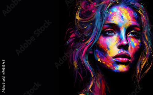 Vibrant Painted Portrait of a Young Beautiful Woman On Black Background.Watercolor, Oil painting, face paint
