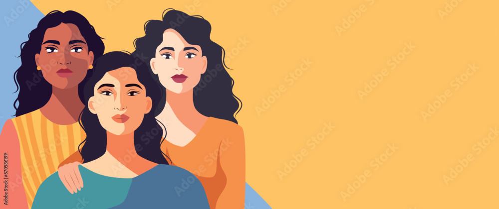 Vector horizontal flat banner for Women's Day, women of different cultures and nationalities stand side by side. Vector concept of movement for gender equality and women's empowerment Vector horizontal flat banner for Women's Day, women of different cultures and nationalities stand side by side. Vector concept of movement for gender equality and women's empowerment