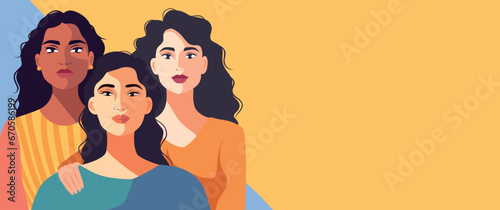 Vector horizontal flat banner for Women's Day, women of different cultures and nationalities stand side by side. Vector concept of movement for gender equality and women's empowerment photo