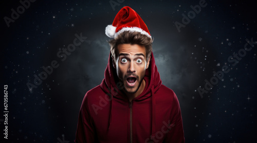 Surprised young man in a red hoodie and christmas hat on a dark background.