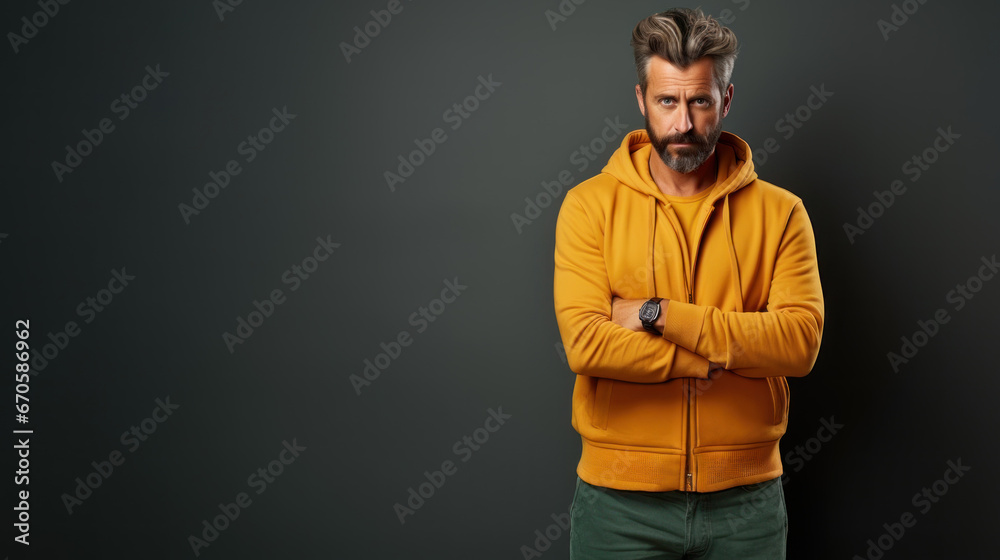 Handsome man in yellow hoodie standing with arms crossed on grey background. Cool casual confident middle age guy.