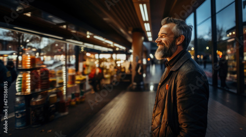 Portrait of a smiling senior man walking in the city at night, standing in bus station. photo