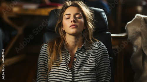 Beautiful young woman with closed eyes sitting in chair. Girl is sleeping while waiting for departure.