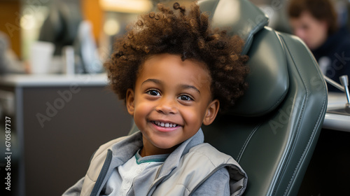  Little boy in dentist's office sitting in chair and with happy smiling face. Visit to the dentist. Medical exam. Concept of dental health, care and prevention of cavities and teeth. 
