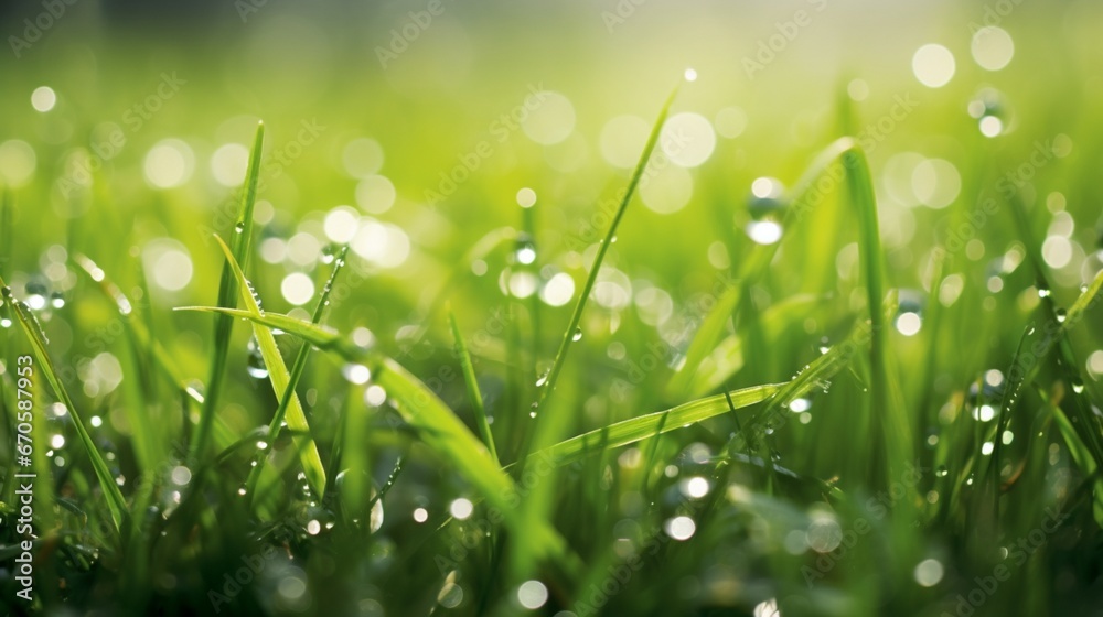 Fresh green grass blanketed in tiny dew droplets, reflecting the rising sun in countless sparkles.