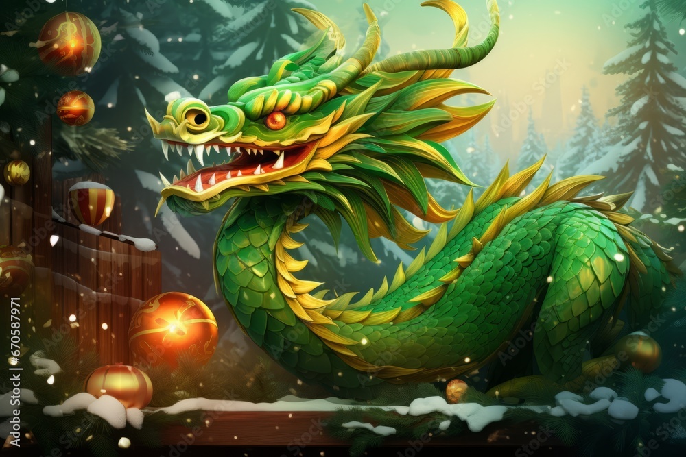 A fabulous green wooden dragon. A cute cartoon dragon is sitting next to Christmas tree with gifts. New Year's 2024 card A fabulous green wooden dragon. A cute cartoon dragon is sitting next to Christmas tree with gifts. New Year's 2024 card
