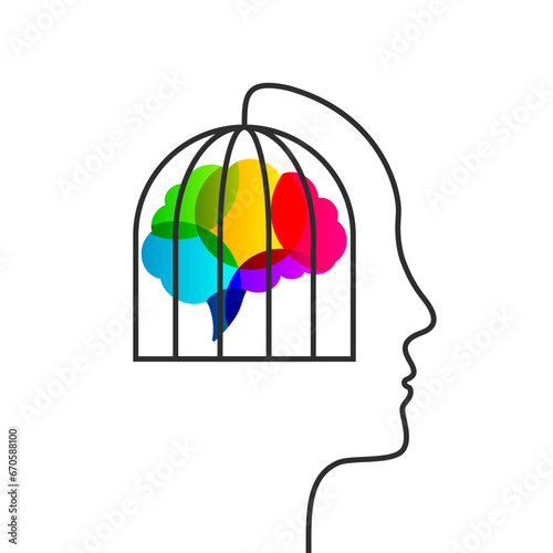 Human head and cage concept with colorful brain as creative thinking and block, untapped personal potential or obstruction of individual talent symbol