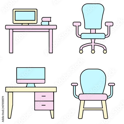 graphic illustrated Icon set table desk with computer chair cute doll house furniture colors vector