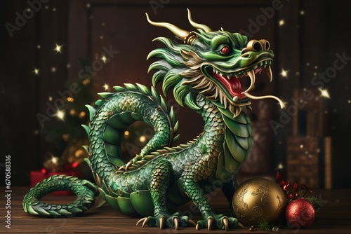 The fabulous green wooden dragon is the symbol of the 2024 New Year. Colorful bright stylish Christmas card