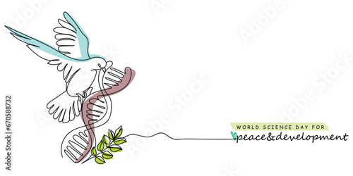  line art drawing of a peace bird with DNA and a green twig. World science day for peace and development poster. November observances. Vintage banner idea.