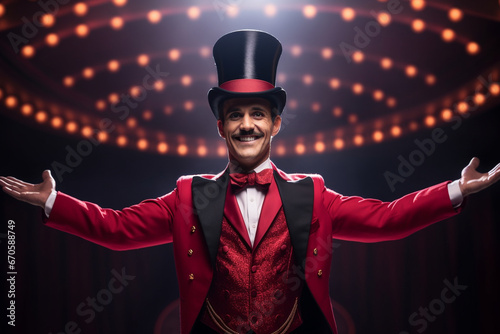 The circus ringmaster introducing the next act with grandeur, love and creativity with copy space photo