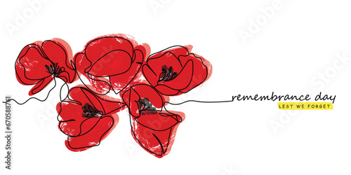 line art of red poppy flowers . Poster or postcard design of remembrance day in november. Vintage botanical drawing. Hand drawn florals. Lest we forget keep remembering vector.