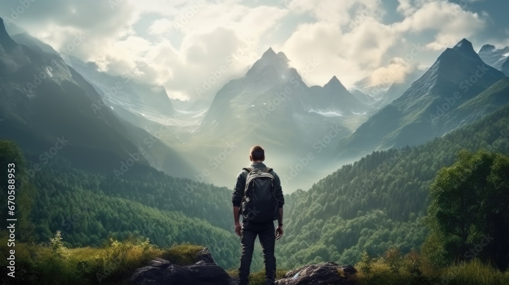 Man standing with backpack in front of mountains