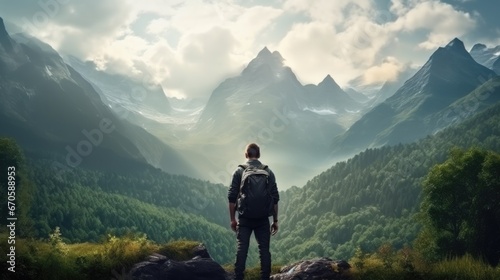Man standing with backpack in front of mountains