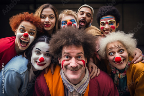 A group of clowns gathering for a heartfelt and humorous group portrait, love and creativity with copy space