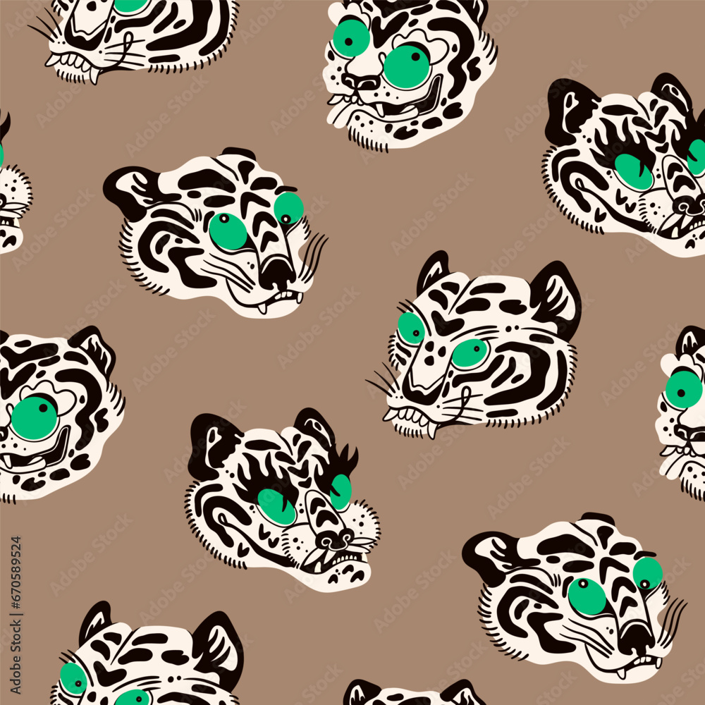 Obraz premium Abstract white Tigers or leopards. Unique, cartoon, quirky style. Hand drawn trendy Vector illustration. Funny characters. Wallpaper, poster, print template. Square seamless Pattern
