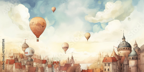 Watercolor Paint Of Fabulous Houses, Streets And Castles With Big Hot Air Balloons