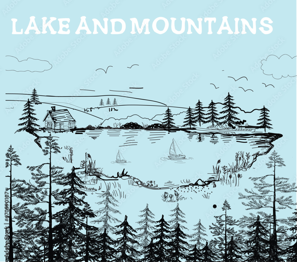 A wooden house by a lake in the mountains, a hand-drawn landscape. Vector graphics of mountains, alps, tatra peaks