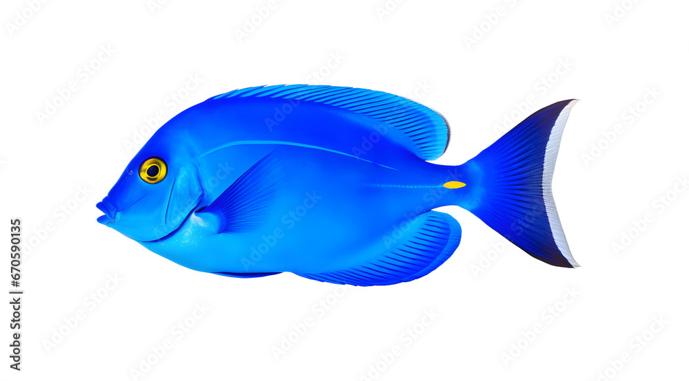 Fototapeta premium A striking blue tang fish, known for its vibrant blue coloration, isolated on a transparent background.