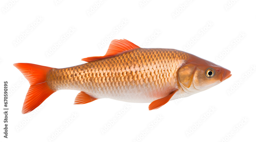 Obraz premium A transparent photo of a vibrant golden carp, showcasing its detailed scales and bright orange fins.
