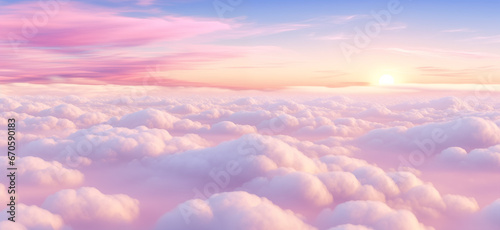Beautiful sunset sky above pink clouds with dramatic light. photo