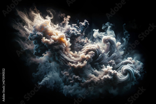 Swirling tendrils of smoke dance and intertwine, creating a mesmerizing display of light and shadow against a deep, dark backdrop.