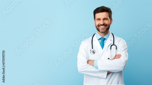 Smiling doctor standing on a light blue background with copy space on the right created with Generative AI