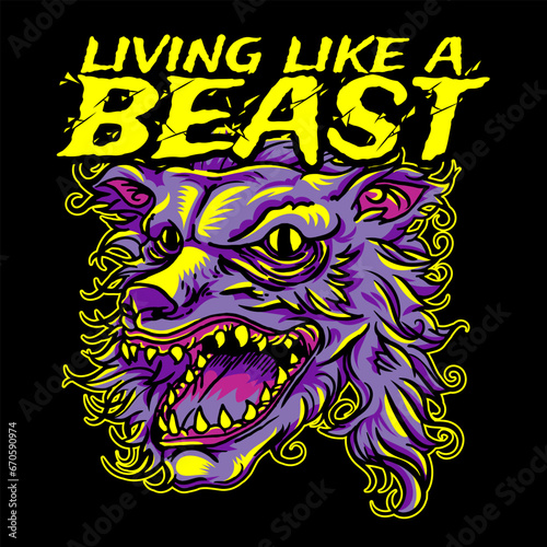 Aggressive demon beast head in colorful style vector illustration