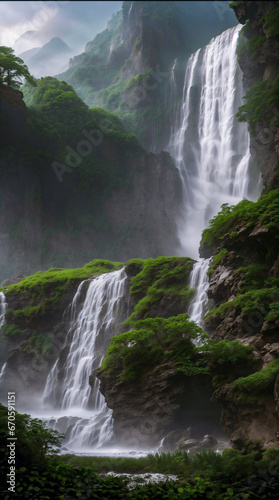 Multiple cascading waterfalls flowing through mist-covered mountains amidst lush greenery.