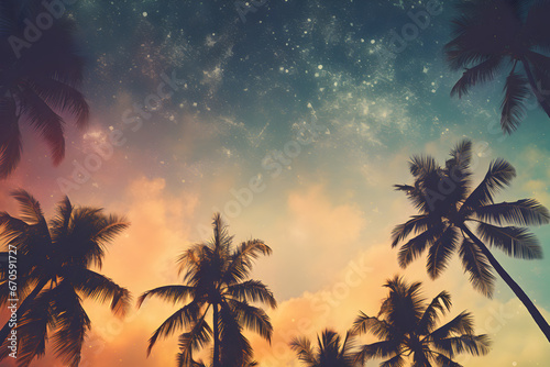 Tropical Palm Trees Against a Starry Night Sky with Warm Sunset Colors photo