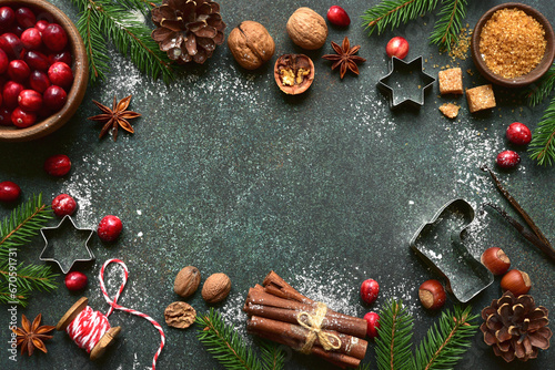 Christmas baking background with ingredients for making cake or biscuit . Top view with copy space.