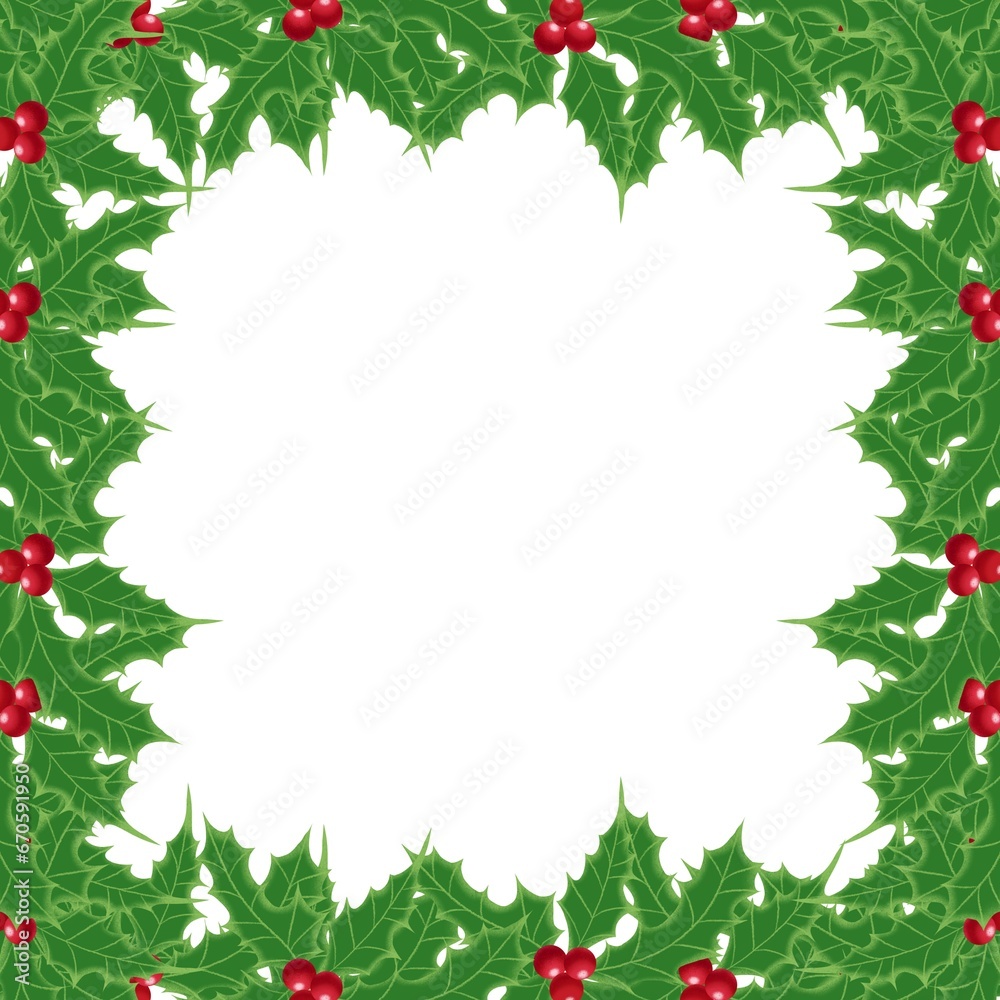 Christmas mistletoe frame with red berries isolated on white background 