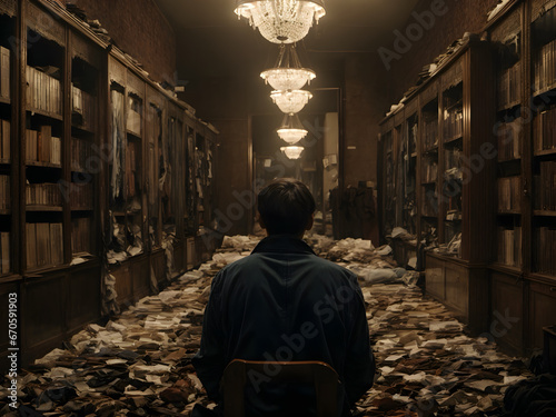 A man sitting in a room with destroyed books