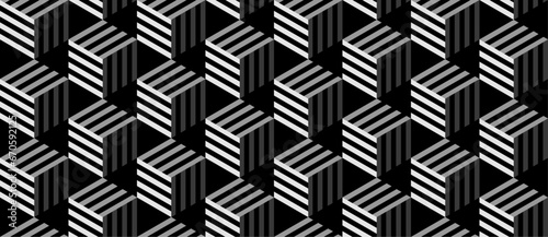 Seamless 3D geometric pattern. Luxury endless vector background with white 3d cubes on black backdrop for cover design, invitation, poster, flyer, luxe invite, prestigious voucher, menu. Op Art.
