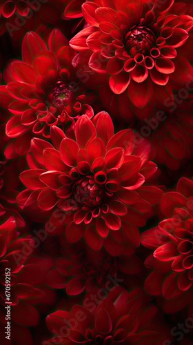 A serene arrangement of deep red flowers. Valentine, wedding, spa, wellness, christmas, fashion, celebration, backgrounds graphics. Vertical orientation.