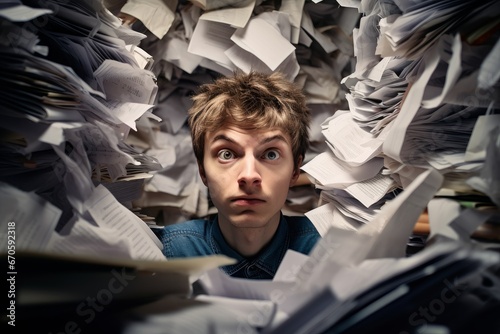 photo the stress of a student's academic life with an image of them lost amidst a sea of papers. Generative AI