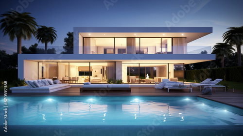 Luxury minimalist modern villa with a swimming pool at night