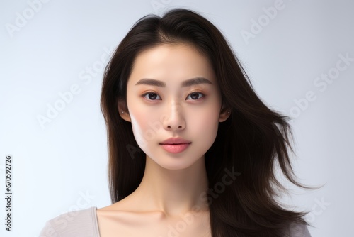 Photo of a graceful Asian lady with an expressive face, her emotions shining on a white clean background. Generative AI