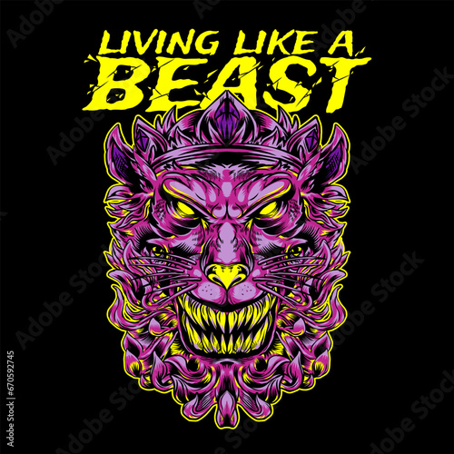 Aggressive demon beast head in colorful style vector illustration