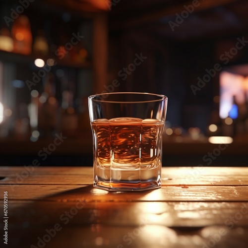 a glass of whiskey sitting on a wooden table
