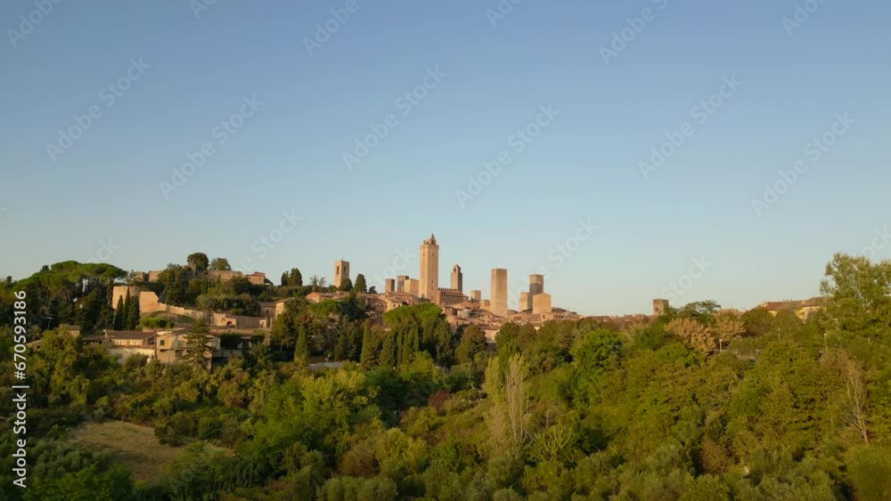 Lovely aerial top view flight drone. San Gimignano Tower Town city Tuscany Italy