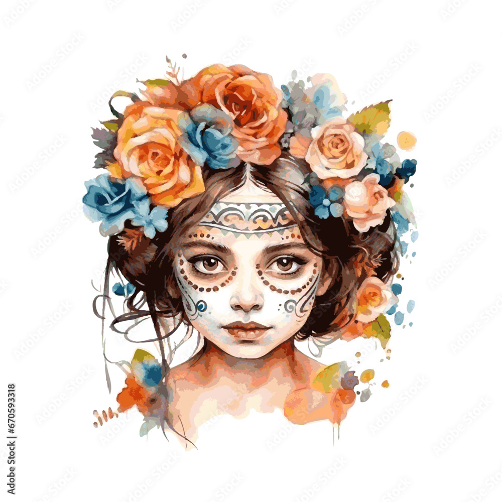 Dia DE Los Muertos face painting, Mexican Holiday, halloween dead girl scull with flowers